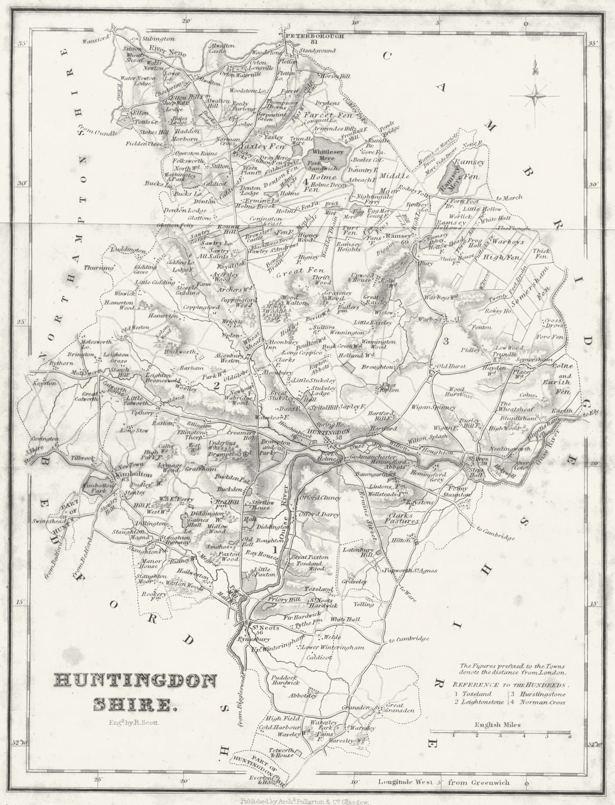 HUNTS. Huntingdonshire. Fullarton 1844 old antique vintage map plan chart